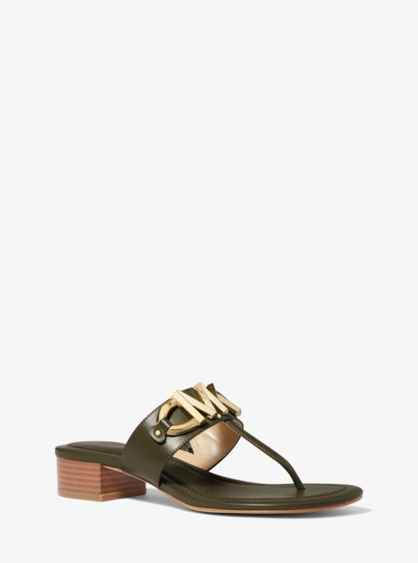 Damske Slapky Michael Kors Izzy Logo Embellished Leather Sandal Olivovo Zelená - Topanky Michael Kors Akcia | JOEIG-9568